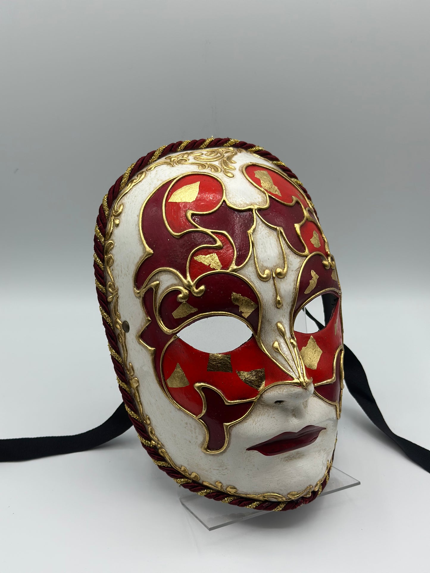 Máscara Veneciana Hecha a Mano - Blanca, Roja y Dorada - Máscara Única de Carnaval, Mascarada y Halloween