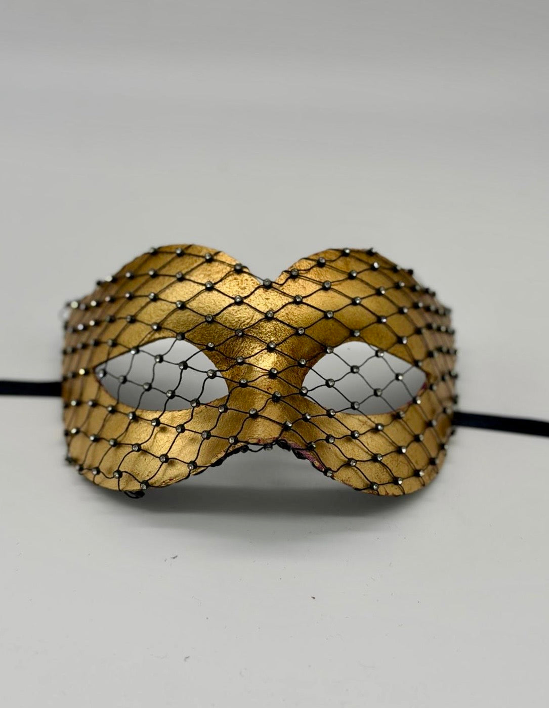 Gold Venetian Masquerade Mask with Crystal Net Overlay "Emily"