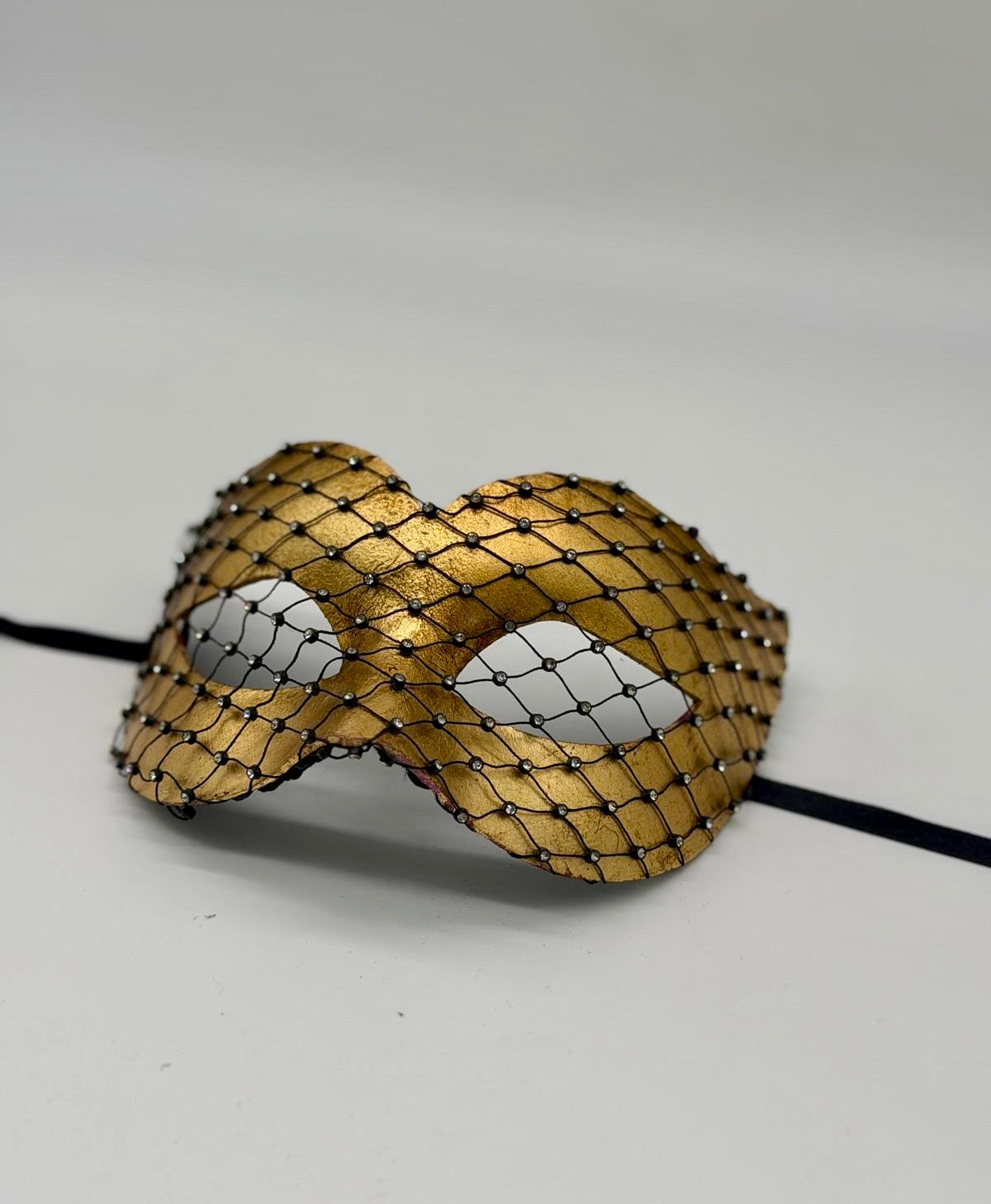 Gold Venetian Masquerade Mask with Crystal Net Overlay "Emily"