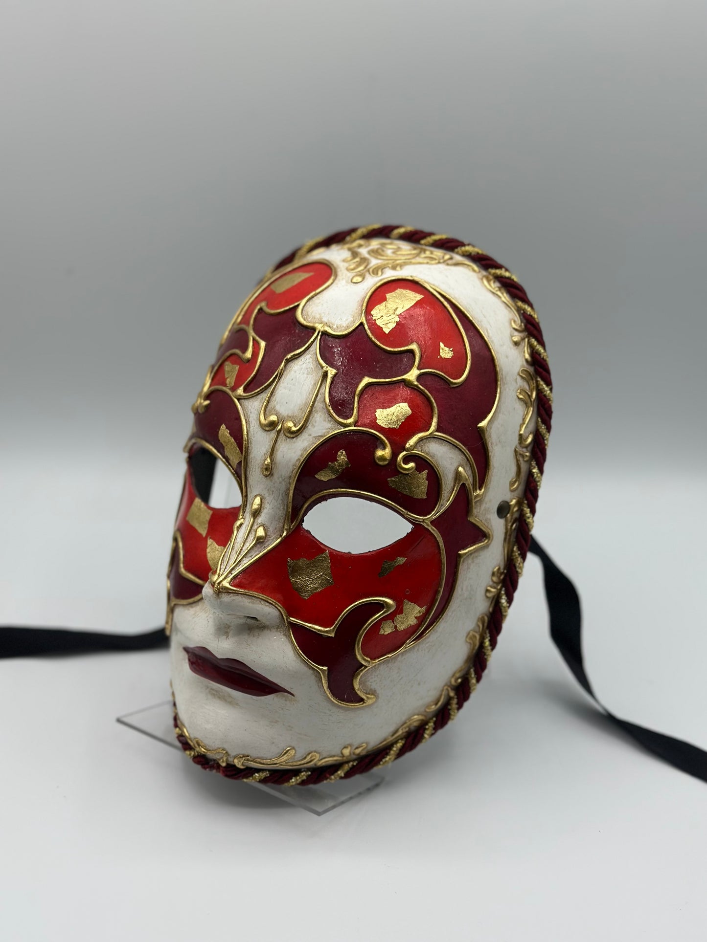 Máscara Veneciana Hecha a Mano - Blanca, Roja y Dorada - Máscara Única de Carnaval, Mascarada y Halloween