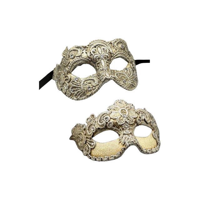 Twee luxe Venetiaanse maskers - man en vrouw - van zilverkleurig kant. Zilveren maskers voor koppel.
