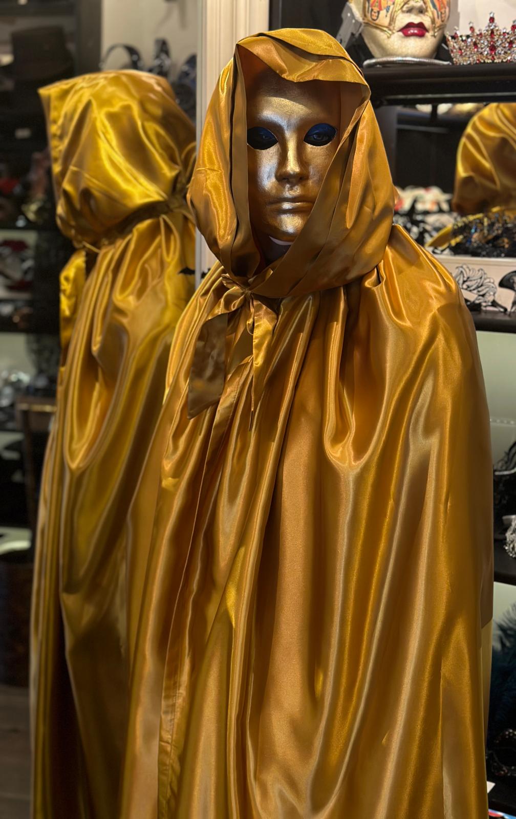Venetiaanse cape met capuchon in goud satijn - Halloween cape goud