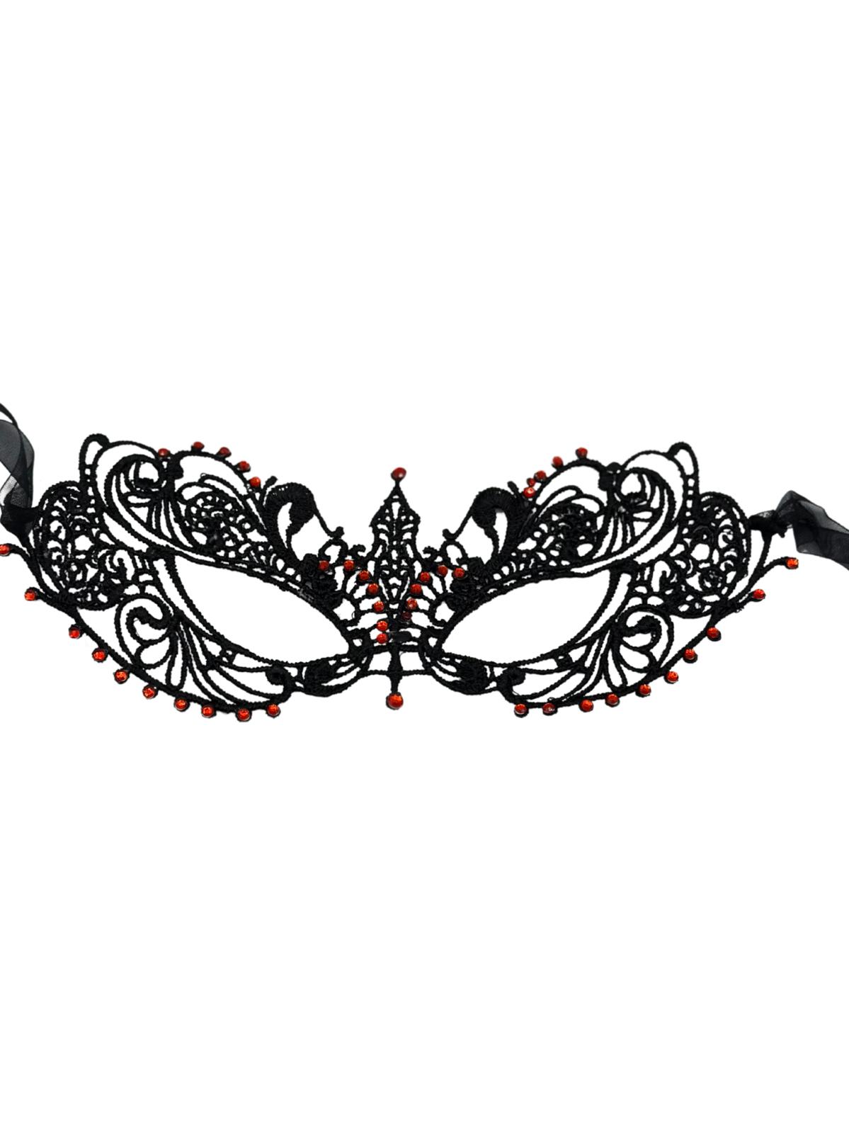 Masque dentelle noir avec pierres rouges - masque noir vénitien