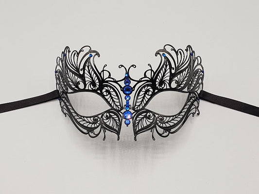 filigree mask with blue stones, metal mask with blue stones
