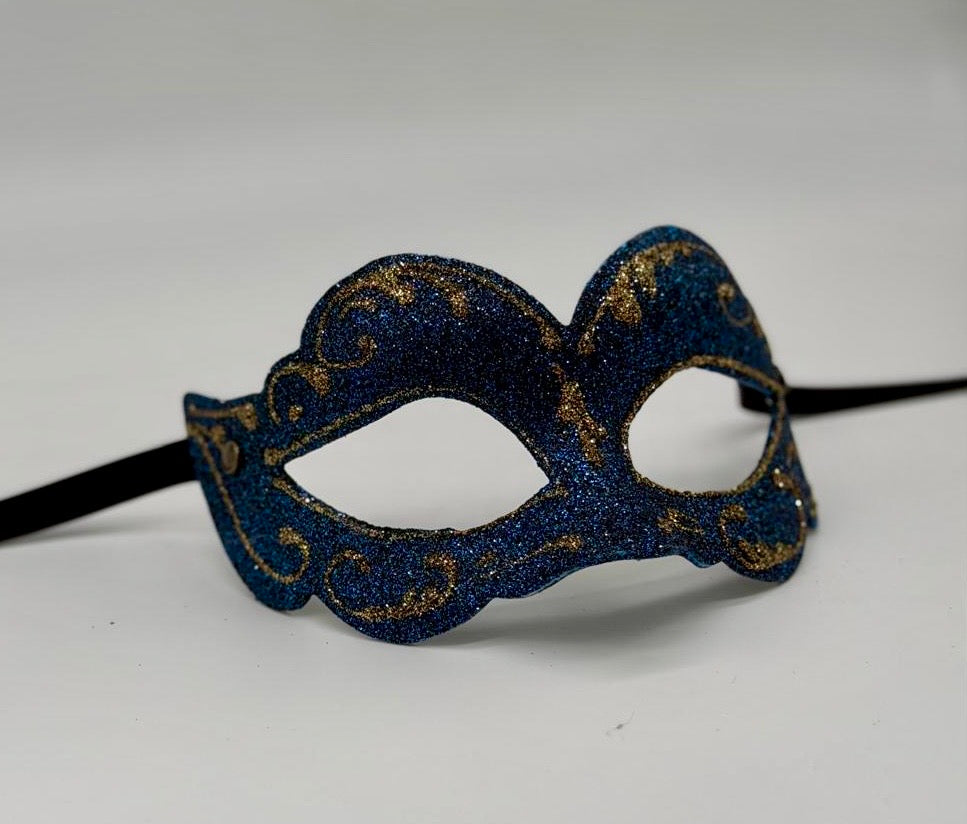 Máscara veneciana azul con brillo – Detalles dorados