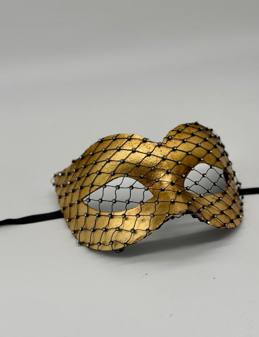 Gold Venetian Masquerade Mask with Crystal Net Overlay "Emily"