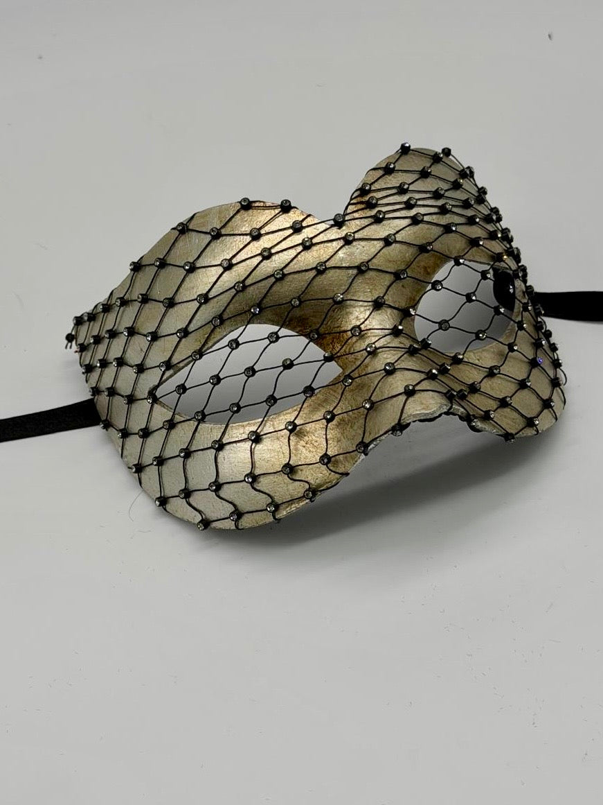Silberne venezianische Maskenballmaske mit Kristallnetz-Overlay „Emily“