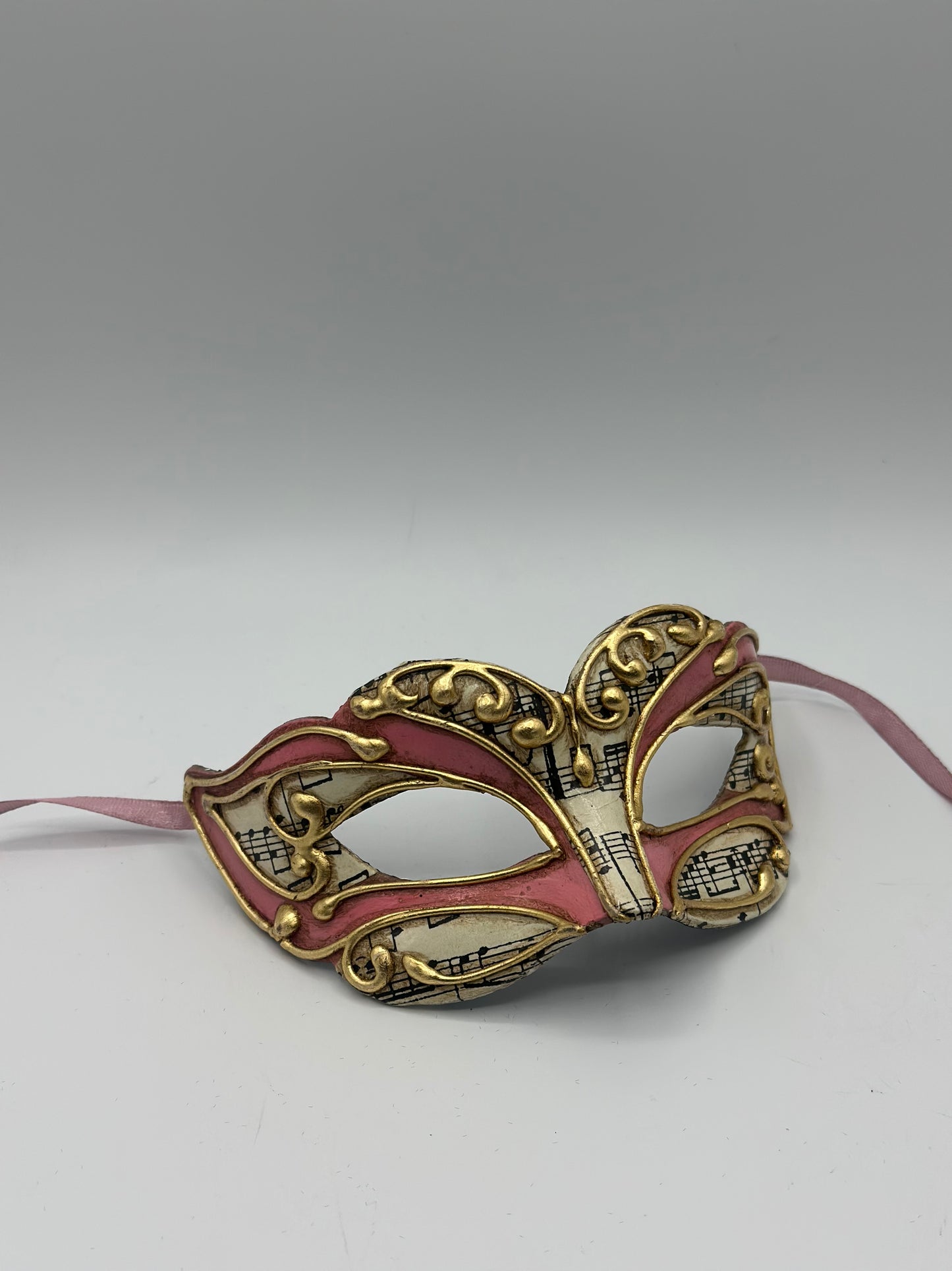 Venetian Masquerade Mask – Pink with Gold Details and Music Notes