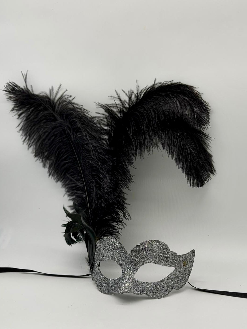 Silver Glitter Venetian Mask with Black Feathers