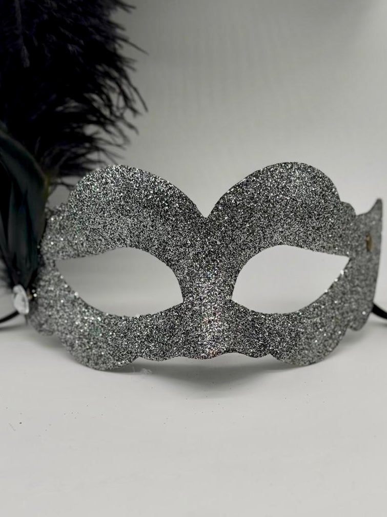 Silver Glitter Venetian Mask with Black Feathers