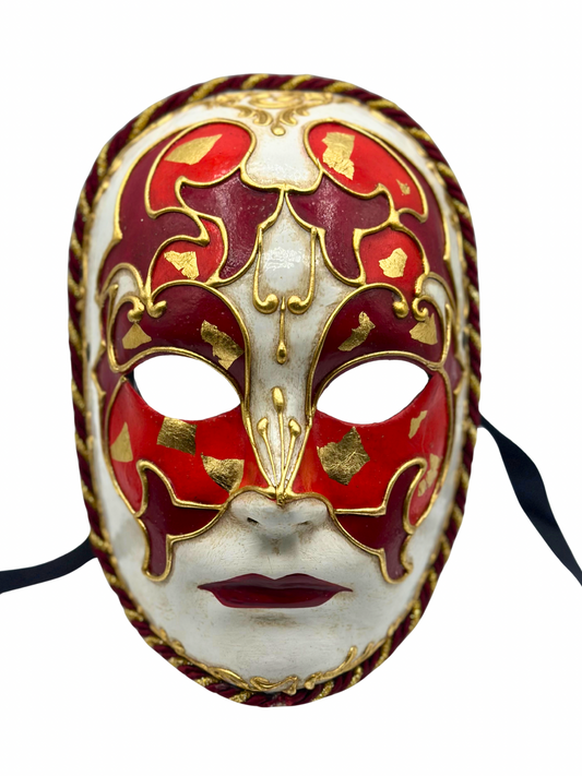 Máscara Veneciana Hecha a Mano - Blanca, Roja y Dorada - Máscara Única de Carnaval, Mascarada y Halloween