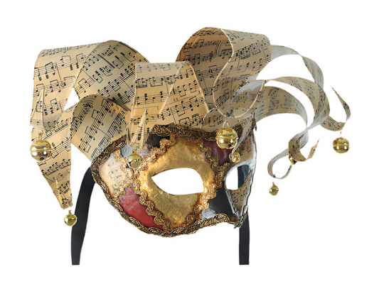 Máscara Jolly Veneciana con Notas Musicales y Campanillas Doradas – Máscara de Carnaval y Baile de Máscaras Hecha a Mano