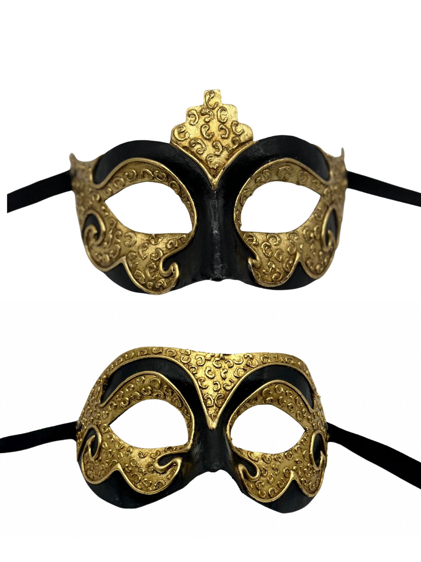 Ensemble de masques vénitiens pour couple, noir et or – Papier mâché artisanal – Duo de masques pour bal masqué et événements