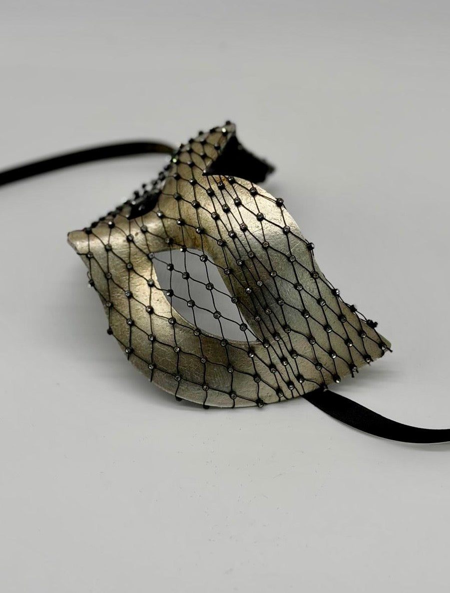 Silberne venezianische Maskenballmaske mit Kristallnetz-Overlay „Emily“