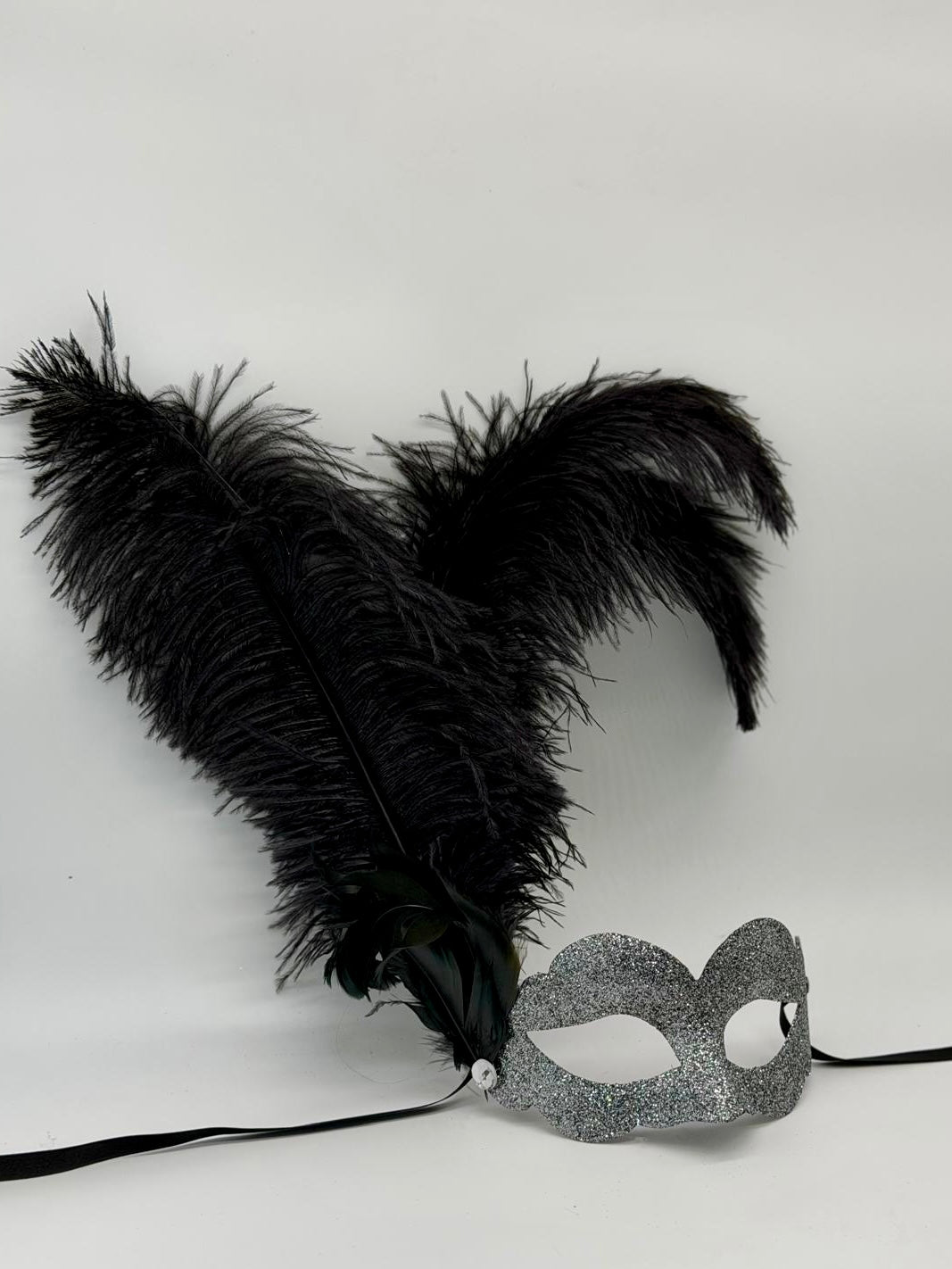 Silver Glitter Venetian Mask with Black Feathers