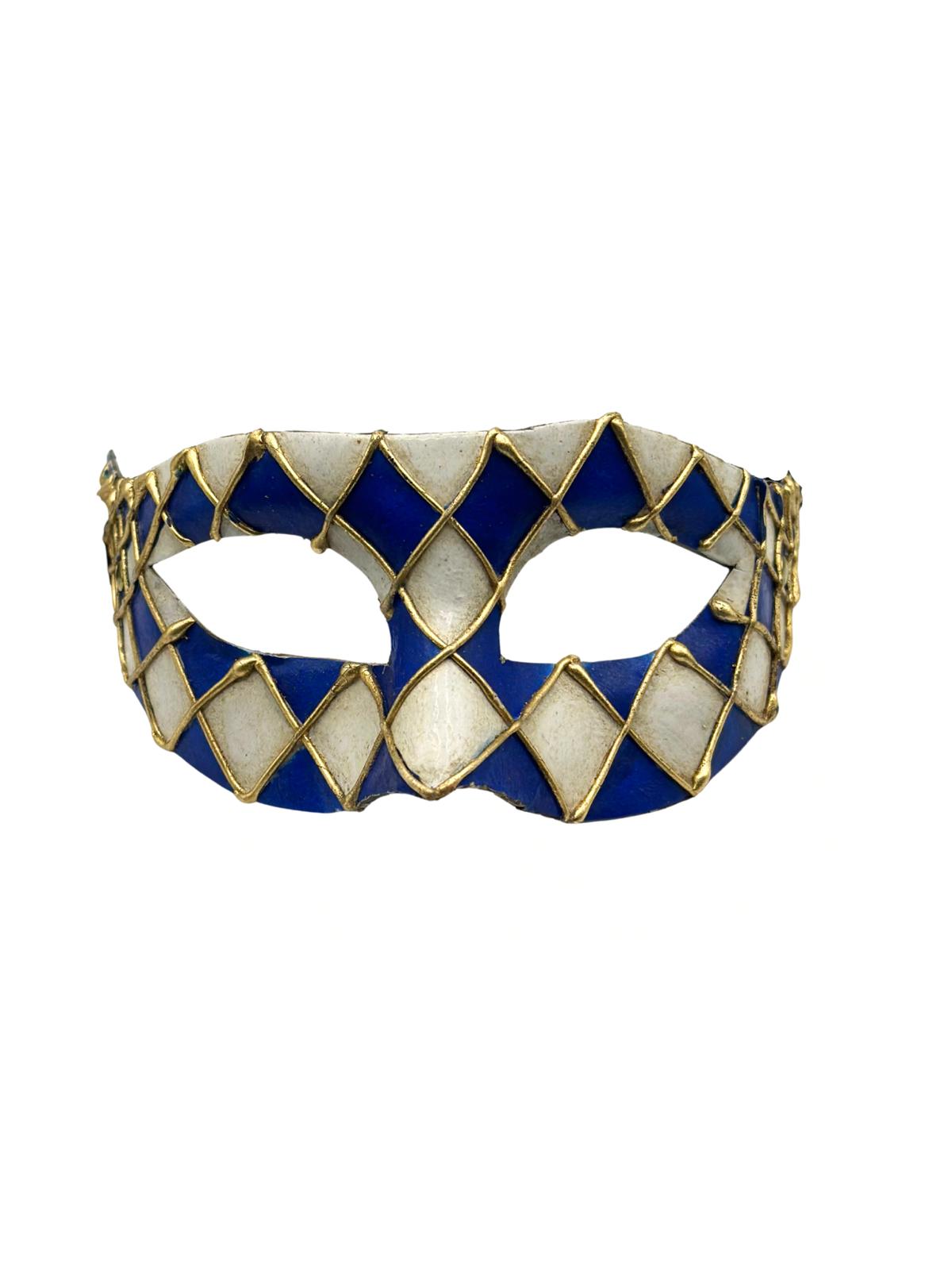 Venezianische Harlekinmaske – Blau &amp; Weiß mit goldenen Details – Handgemachtes Pappmaché