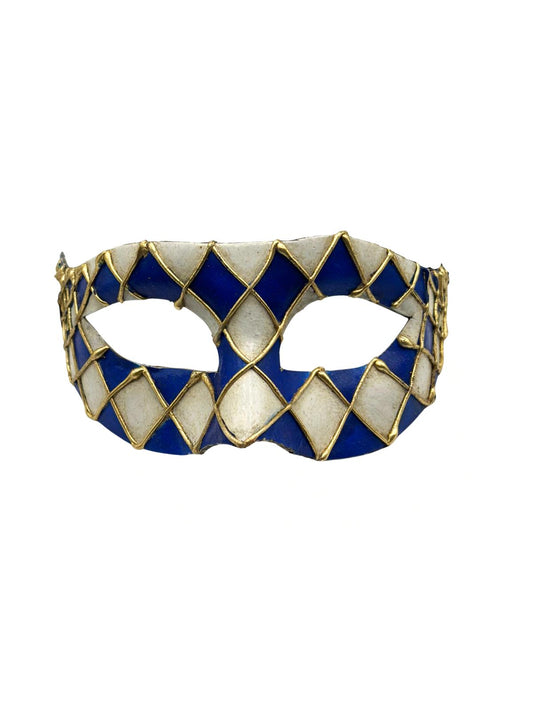 Venetian Harlequin Mask – Blue & White with Gold Details – Handmade Papier Mache
