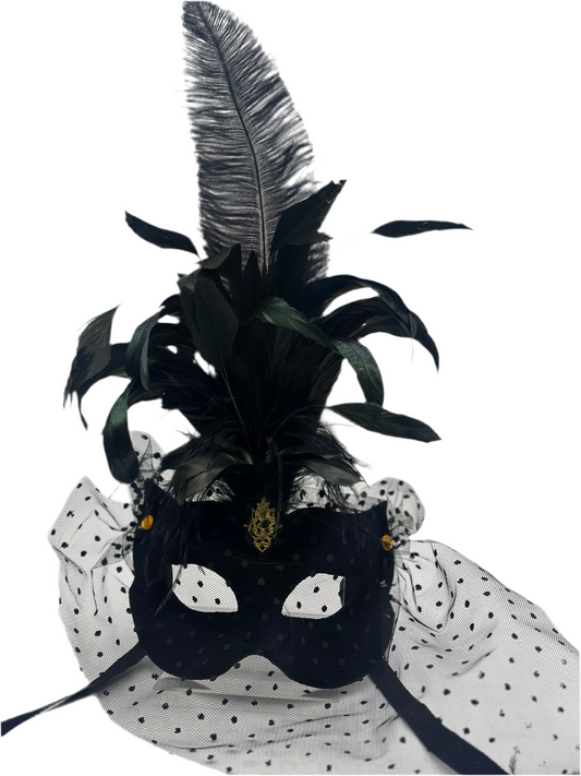 Luxusmaske mit Federn - Schwarze Maske mit Federn - Samtmaske