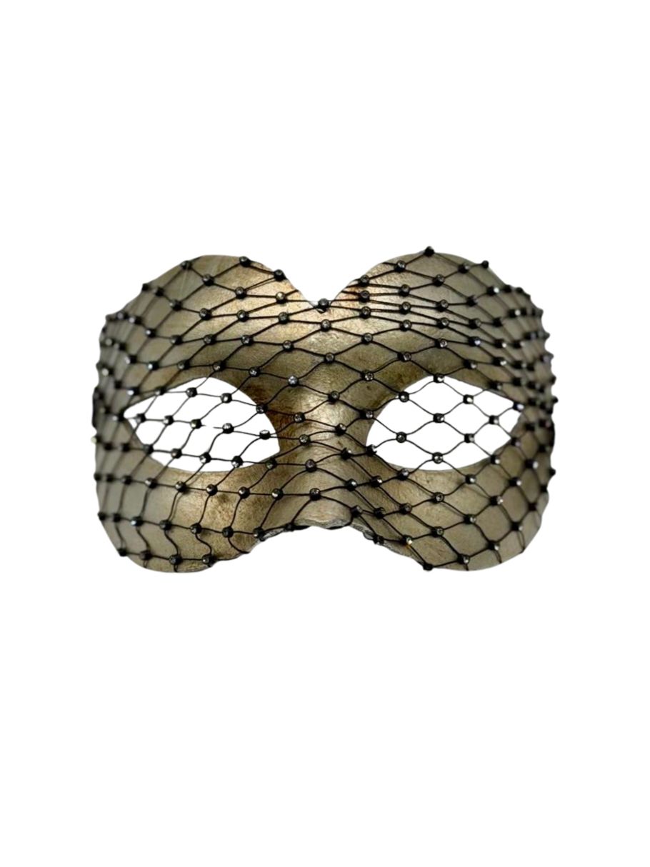 Silberne venezianische Maskenballmaske mit Kristallnetz-Overlay „Emily“