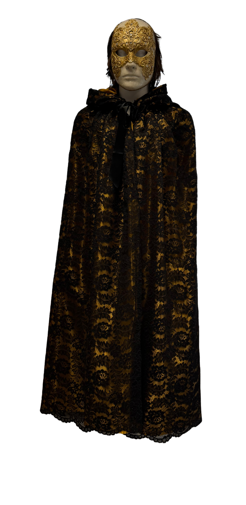 Goldener Umhang mit schwarzer Spitze und Kapuze