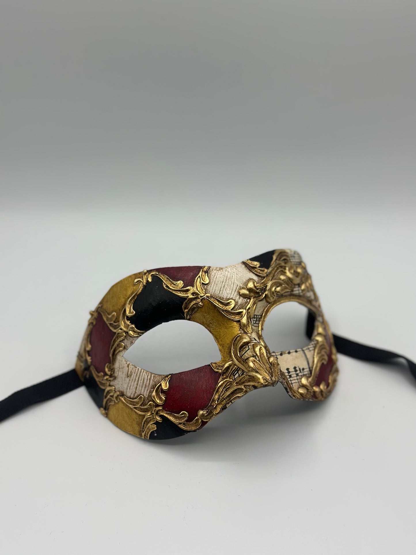 Máscara Veneciana con Notas de Música - Máscara de Mascarada Rojo Negro Oro - Máscara Barroca