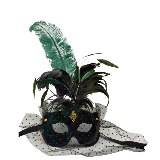 Venezianische Maske mit Federn – Maskenballmaske für Damen – Elegante grüne Samtmaske