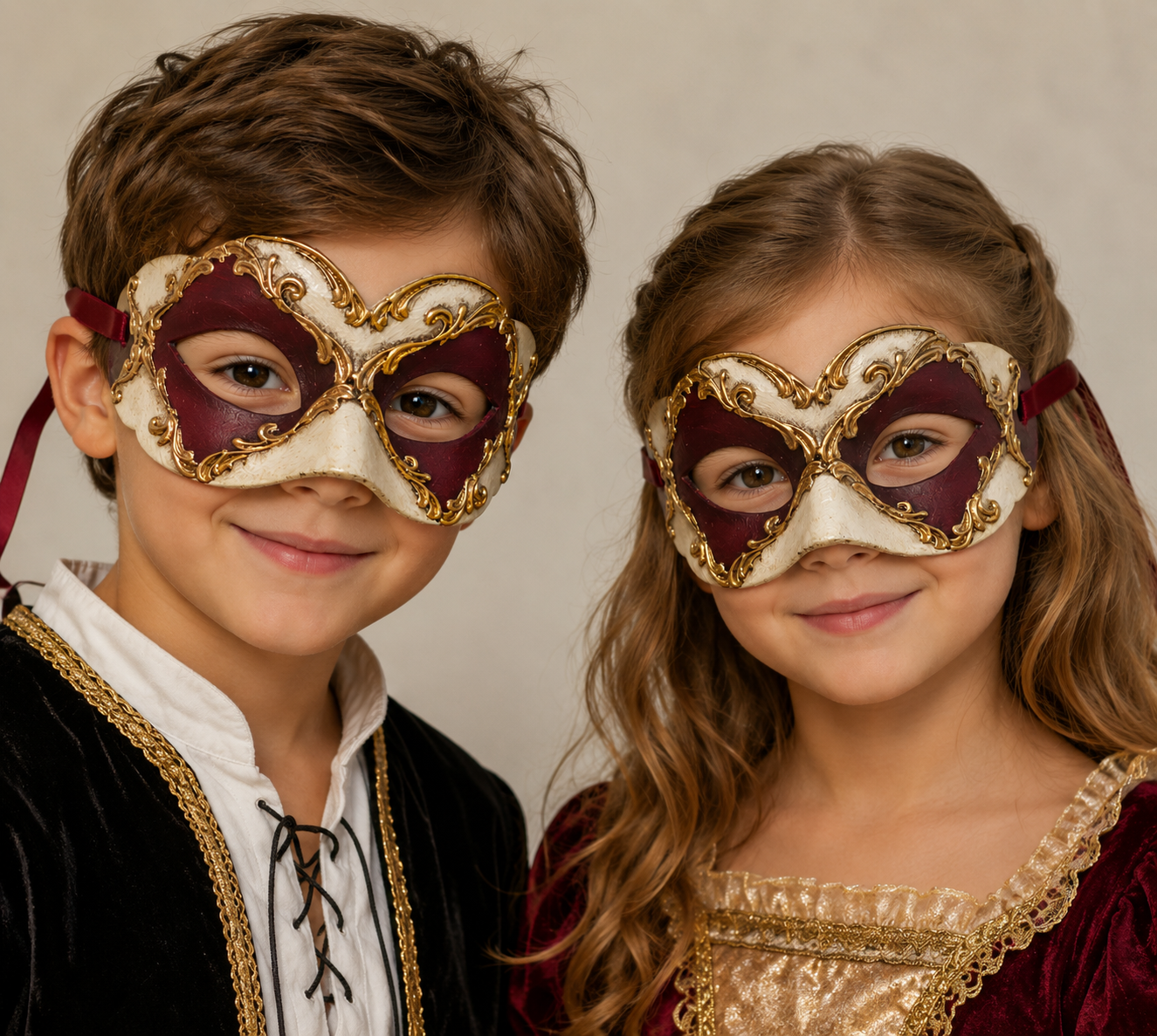 Máscara Veneciana Infantil - Burdeos, Marfil y Dorado