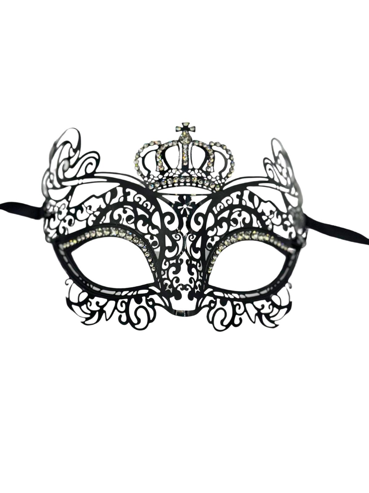 Máscara de mascarada para mujer "la corona" - Máscara veneciana de metal negro con piedras strass