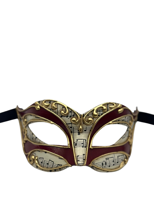 Masque vénitien avec notes de musique – Masque baroque rouge et or | Carnaval | Soirée costumée | Bal masqué
