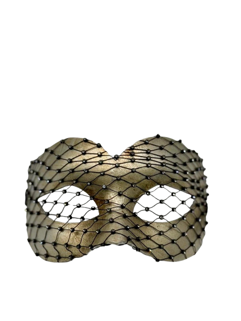 Silberne venezianische Maskenballmaske mit Kristallnetz-Overlay „Emily“
