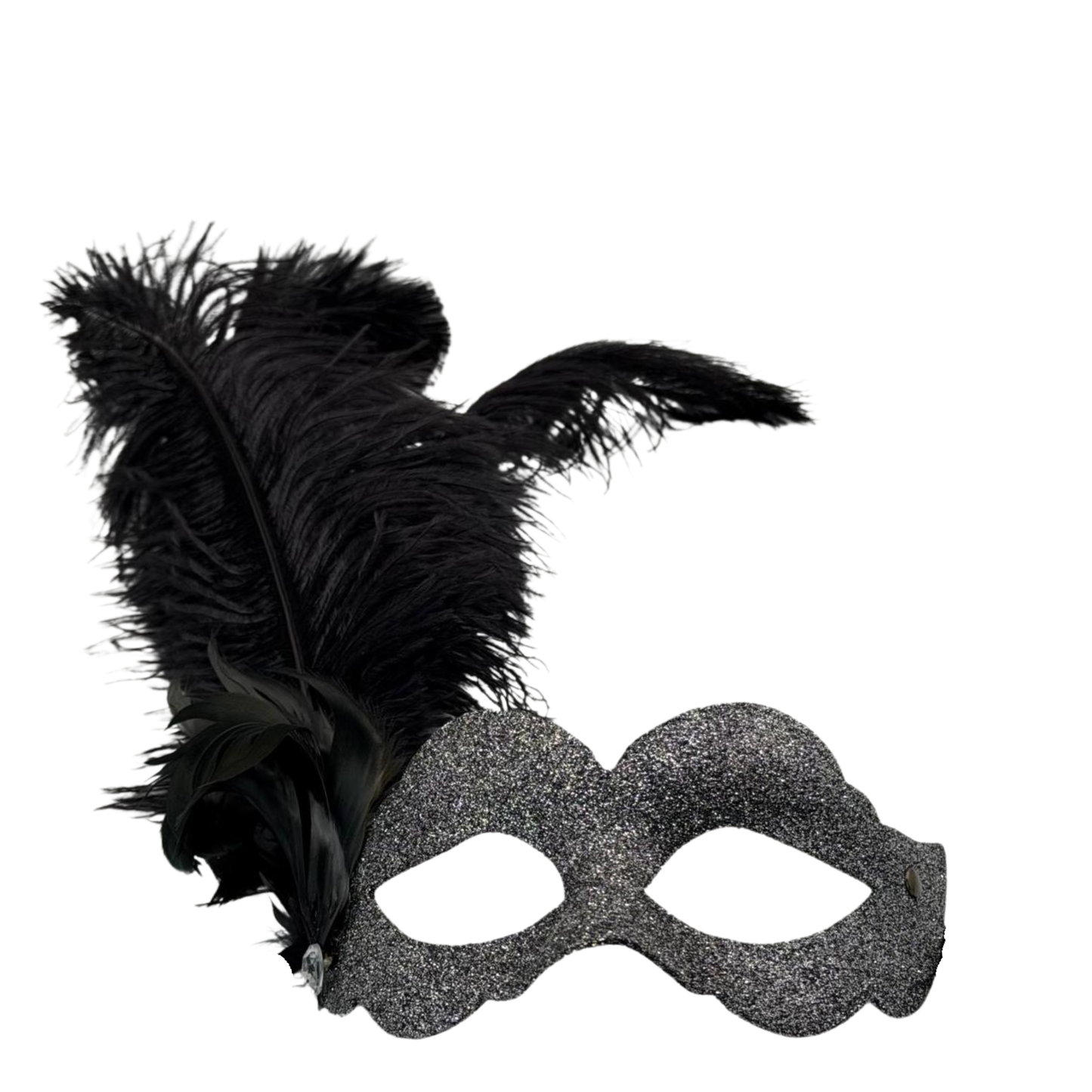 Masque vénitien pailleté argenté avec plumes noires