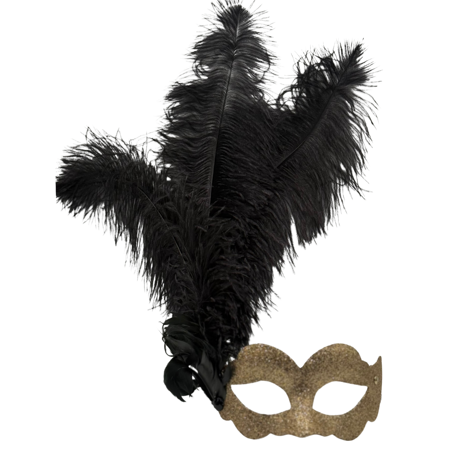 Masque vénitien pailleté or avec plumes noires