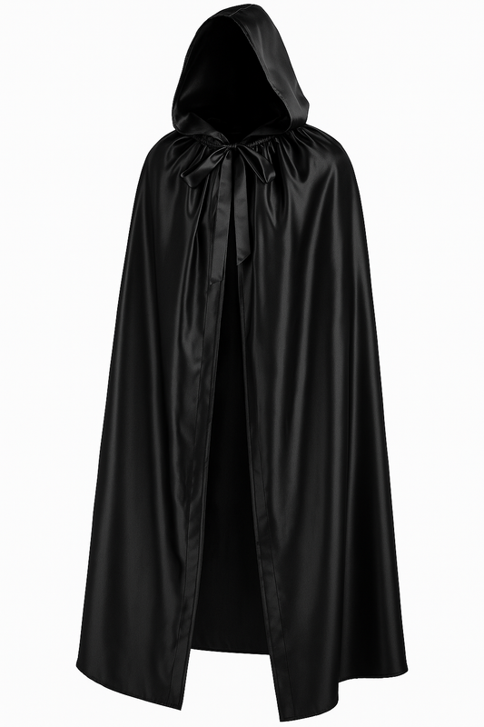 Zwarte cape met capuchon van satijn